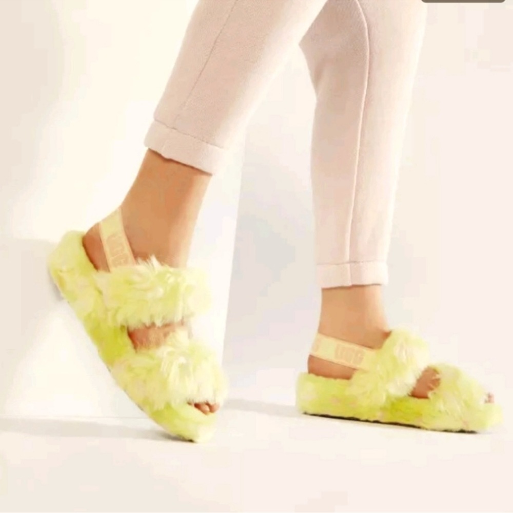 UGG | Oh Yeah Spots faux fur green fuzzy double strap slippers sandals size 6